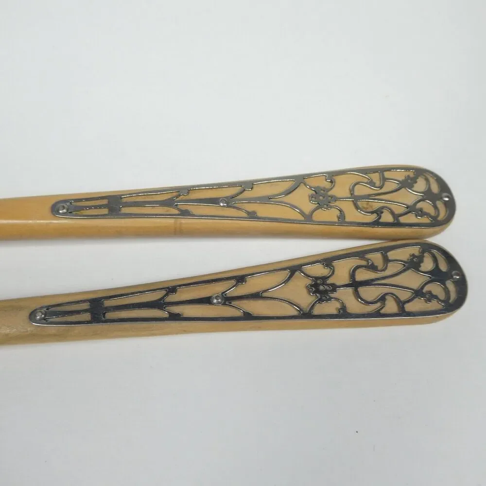 Wooden Salad Serving Set Fork & Spoon Silver Overlay Filigree Handle Vintage MCM